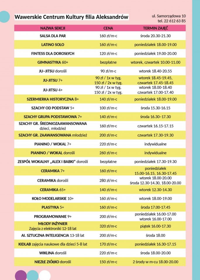 Zajęcia w nowym sezonie 2025/2026 | WCK Aleksandrów