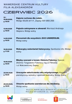 Plakat programu wydarzeń „Wawerskiego Centrum Kultury – Filia Aleksandrów” na czerwiec 2026. 