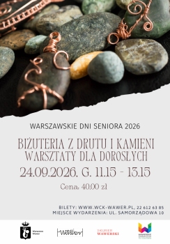 plakat zapraszający na warsztaty tworzenia biżuterii z drutów i kamieni