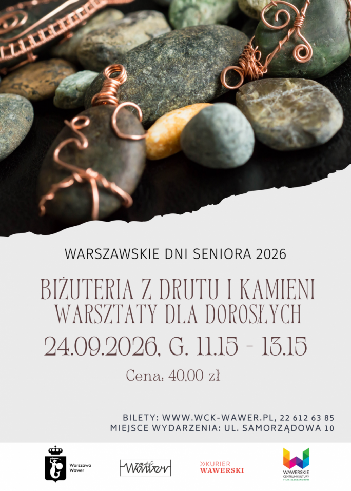 
			plakat zapraszający na warsztaty tworzenia biżuterii z drutów i kamieni