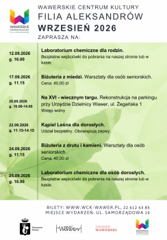 Plakat Wawerskiego Centrum Kultury – Filia Aleksandrów z programem wydarzeń na wrzesień 2026. Zawiera harmonogram warsztatów i spotkań dla rodzin, dorosłych oraz seniorów, m.in. laboratoria chemiczne, warsztaty biżuterii, kąpiel leśną i rekonstrukcję historyczną. Na dole podano informacje o biletach, adres miejsca wydarzeń oraz logotypy organizatorów.