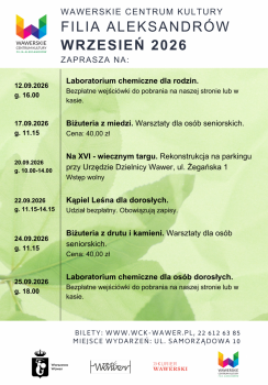 Plakat Wawerskiego Centrum Kultury – Filia Aleksandrów z programem wydarzeń na wrzesień 2026. Zawiera harmonogram warsztatów i spotkań dla rodzin, dorosłych oraz seniorów, m.in. laboratoria chemiczne, warsztaty biżuterii, kąpiel leśną i rekonstrukcję historyczną. Na dole podano informacje o biletach, adres miejsca wydarzeń oraz logotypy organizatorów.