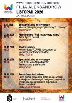 Plakat wydarzeń WCK Aleksandrów - Listopad