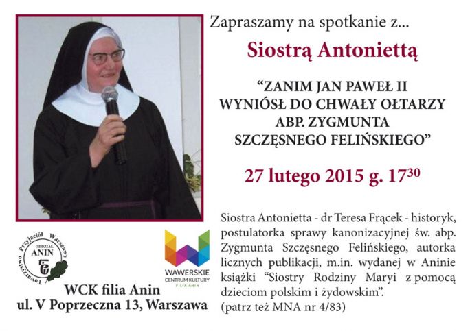
			Wieczór z Towarzystwem Przyjaciół Warszawy – oddział Anin - Siostra Antonietta