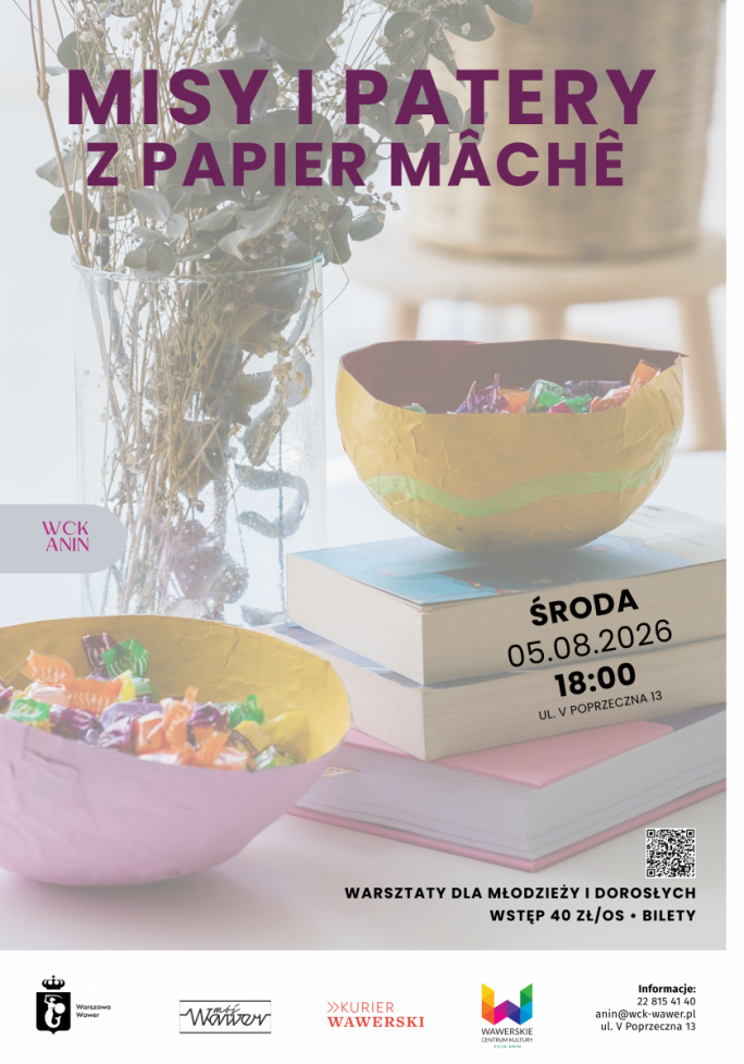 
			Plakat przedstawiający Designerskie misy i patery z papier mâchê promujący wardztaty 05.08.2026 o godz.18.00