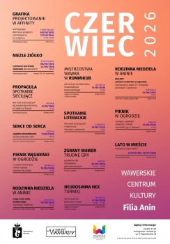 Plakat przedstawia czerwcowy program wydarzeń organizowanych przez Wawerskie Centrum Kultury, Filia Anin. Tło ma łagodny gradient w odcieniach brzoskwiniowego i różowego, a tekst podzielony jest na wyraźne sekcje opisujące kolejne aktywności.  W górnej części widnieje duży napis „Czerwiec 2026”. Poniżej znajdują się informacje o różnych wydarzeniach, m.in. warsztatach projektowania graficznego w programie Affinity, cyklicznych zajęciach zielarskich „Niezłe Ziółko”, spotkaniu sieciującym dla osób związanych z edukacją kulturalną, charytatywnym szyciu poduszek‑serc, pikniku węgierskim, turniejach gier planszowych, rodzinnej zabawie malarskiej, spotkaniu literackim, pikniku ogrodowym oraz akcji „Lato w mieście”.  Każde wydarzenie opisane jest z datą, godziną, informacją o zapisach lub wstępie wolnym oraz ewentualną ceną. Na dole plakatu umieszczono dane kontaktowe Wawerskiego Centrum Kultury Filia Anin, w tym numer telefonu, adres e‑mail, adres siedziby oraz numer konta do wpłat. Widoczne są także logotypy instytucji wspierających wydarzenia.