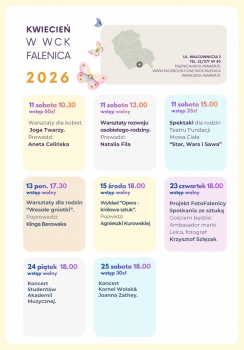 Plansza z kolorowymi okienkami i tekstem. Stanowi harmonogram wydarzeń które są dostępne w Kwietniu 2026 w WCK Filia Falenica. 