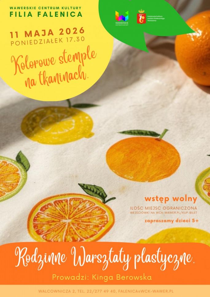 
			Na plakacie jest materiał który został ozdobiony stemplami. Zapraszamy serdecznie na warsztaty plastyczne dla dzieci i całych rodzin. Warsztaty są bezpłatne, na zapisy, odbywają się 11 maja 2026 o 17.30.