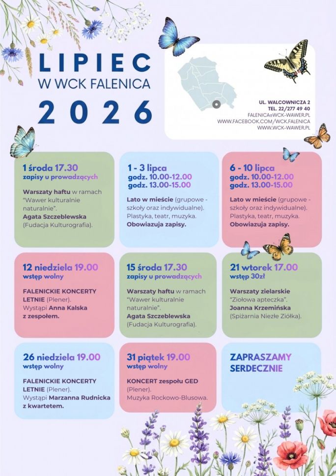
			Harmonogram wydarzeń w WCK Falenica na lipiec 2026, zapraszamy 