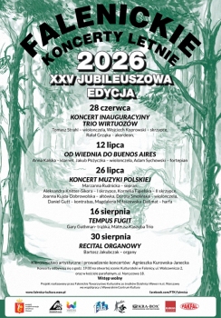 W imieniu Falenickiego Towarzystwa Kulturalnego zapraszamy na plenerowe koncerty letnie na scenie WCK Falenica.  28 czerwca rozpoczynamy 25-ty, jubileuszowy cykl koncertów letnich. W koncercie inauguracyjnym TRIO WIRTUOZÓW. wstęp wolny, impreza plenerowa.