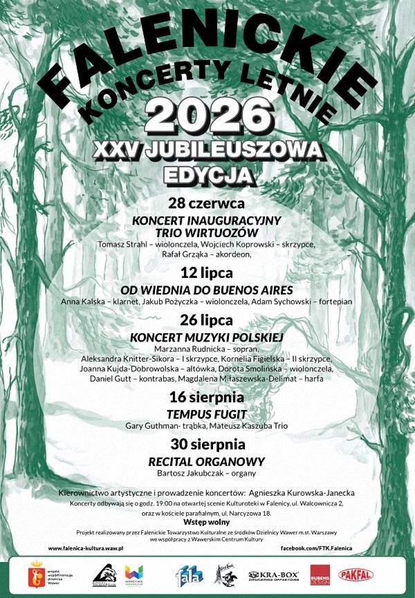 
			W imieniu Falenickiego Towarzystwa Kulturalnego zapraszamy na plenerowe koncerty letnie na scenie WCK Falenica.  28 czerwca rozpoczynamy 25-ty, jubileuszowy cykl koncertów letnich. W koncercie inauguracyjnym TRIO WIRTUOZÓW. wstęp wolny, impreza plenerowa.