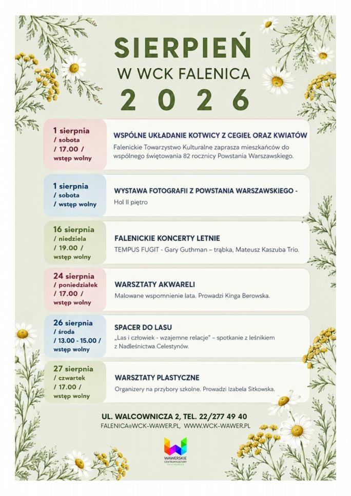 
			Harmonogram wydarzeń -  Sierpień 2026 w WCK Falenica