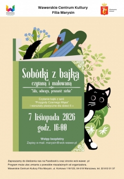 Grafika dekoracyjna z czarnym kotem wychodzącym z otwartej książki. 