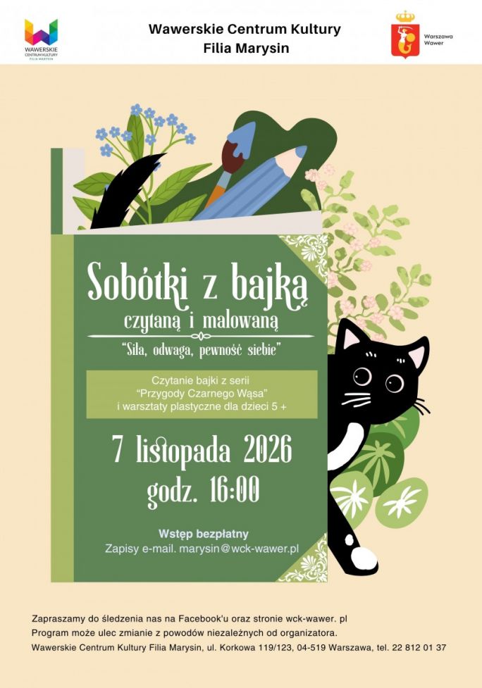 
			Grafika dekoracyjna z czarnym kotem wychodzącym z otwartej książki. 