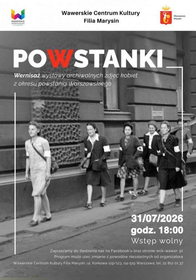 
			WCK Filia Marysin serdecznie zaprasza na kolejny wernisaż wystawy w Galerii Przejście. W osiemdziesiątą drugą rocznicę wybuchu powstania warszawskiego pokażemy wystawę archiwalnych zdjęć kobiet, które w 1944 roku brały udział w działaniach wojennych jako łączniczki, sanitariuszki i lekarki.  Archiwalne zdjęcia pochodzą z zasobów Muzeum Powstania Warszawskiego.