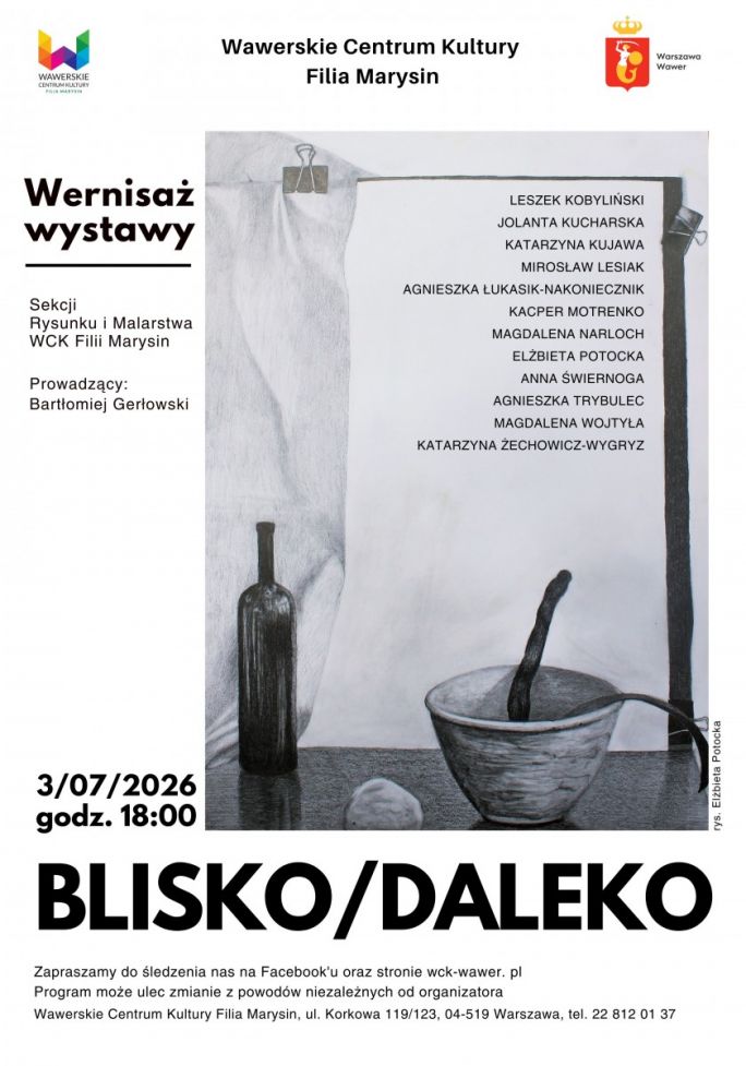 
			WCK Filia Marysin serdecznie zaprasza na kolejny wernisaż wystawy w Galerii Przejście. Tym razem swoje prace zaprezentują uczestnicy sekcji Rysunku i Malarstwa WCK Filii Marysin.  Wystawa prezentuje prace które powstały w trakcie mijającego sezonu kulturalnego. To zapis indywidualnych poszukiwań, emocji i odkryć, które dokonywały się w pracowni - od pierwszych szkiców, po bardziej świadome, dojrzałe realizacje. Każda praca opowiada własną historię, a razem tworzą barwną opowieść o rozwoju, odwadze twórczej i radości płynącej z tworzenia.