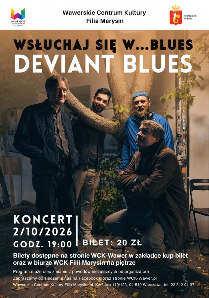 
			Czterej muzycy z zespołu Deviant Blues pozujący obok drzewa 