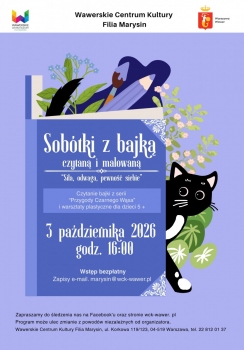 Grafika dekoracyjna z czarnym kotem wychodzącym z otwartej książki. 