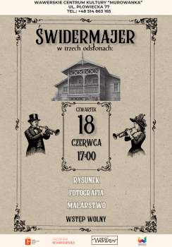 dwie postacie z instrumentami i dom świdermajerowy