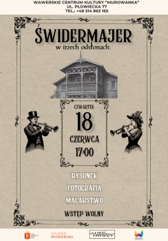 dwie postacie z instrumentami i dom świdermajerowy