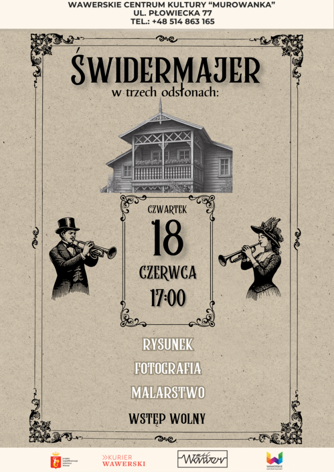 
			dwie postacie z instrumentami i dom świdermajerowy