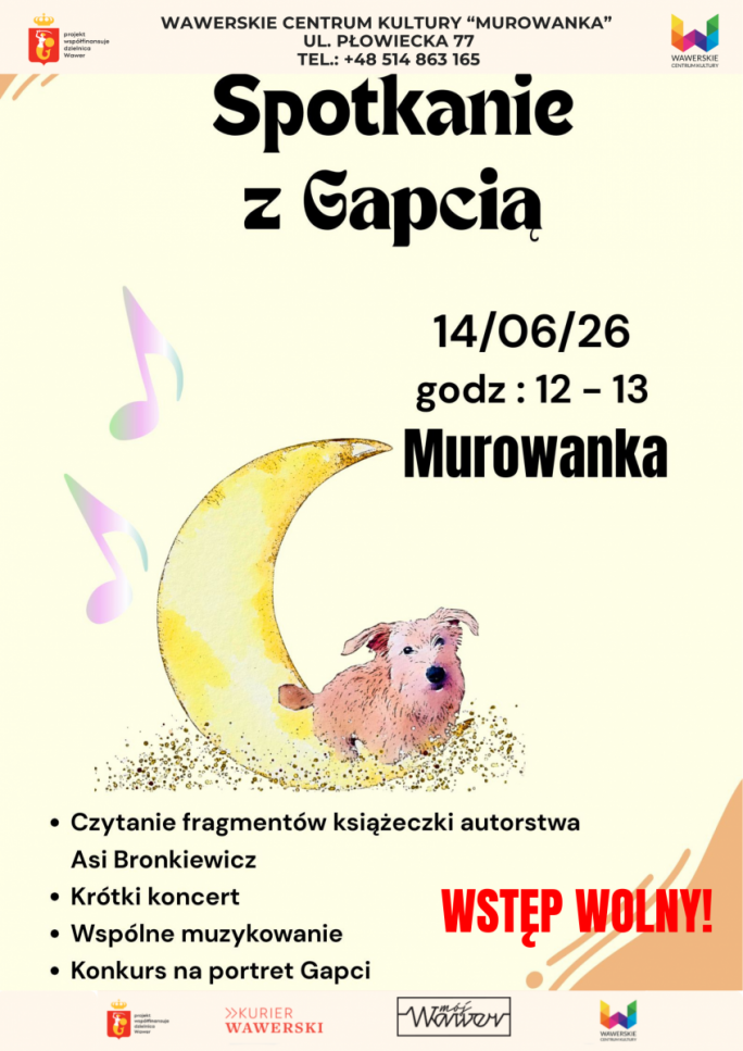 
			Spotkanie z Gapcią wydarzenie muzyczno-taneczno- plastyczne dla dzieci 6-10 lat. Prowadzenie Joanna Bronkiewicz