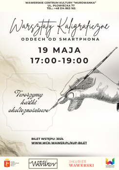 grafika czarno-bała z ręką trzymającą pióro ze stalówką