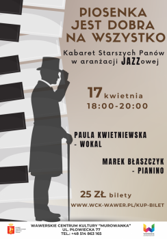 klawisze pianina i cień eleganckiego pana w meloniku z laską