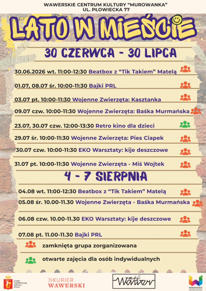 
			harmonogram Murowanki Lato w mieście 2026 ul. Płowiecka 77 w warszawie