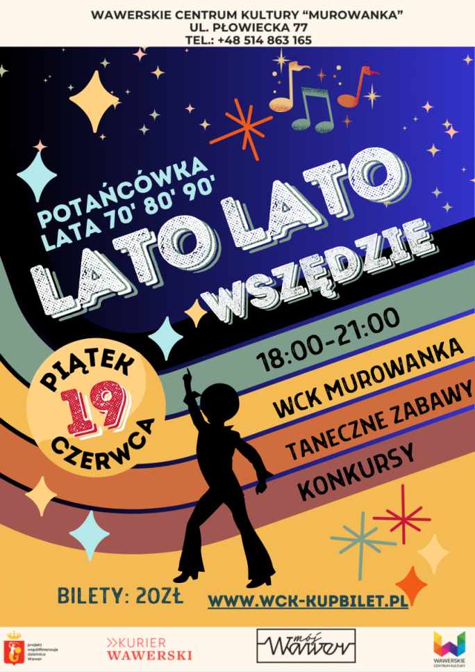 
			plakat w stylu lat osiemdziesiątych z postacią disco