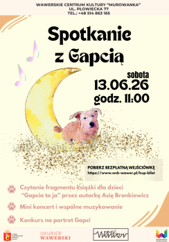 Spotkanie z Gapcią wydarzenie muzyczno-taneczno- plastyczne dla dzieci 6-10 lat. Prowadzenie Joanna Bronkiewicz