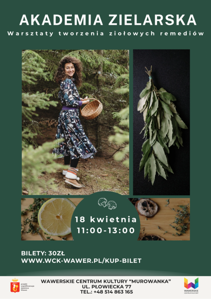 
			Uśmiechnięta kobieta w długiej ciemnej kwiecistej sukience z koszem pełnym ziół, obok plastry cytryn i pęczek ziół