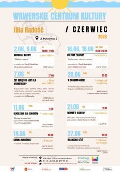 Plakat informuje o wydarzeniach kulturalnych organizowanych przez Wawerskie Centrum Kultury filia Radość w czerwcu 2026 roku. Kompozycja jest uporządkowana, utrzymana w jasnych kolorach z dominującym błękitem i żółcią, a u góry widoczny jest dekoracyjny pas ze słońcem i wodą, co nadaje całości przyjazną i wakacyjną atmosferę. Na dole plakatu znajdują się dane kontaktowe, adres strony internetowej oraz logotypy organizatorów i partnerów.