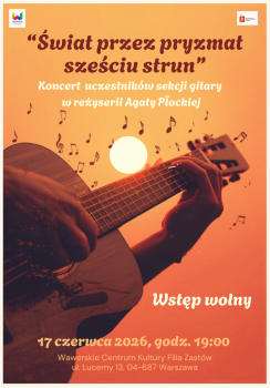 Na pomarańczowym tle dłoń trzymająca gitarę, tytuł koncertu 