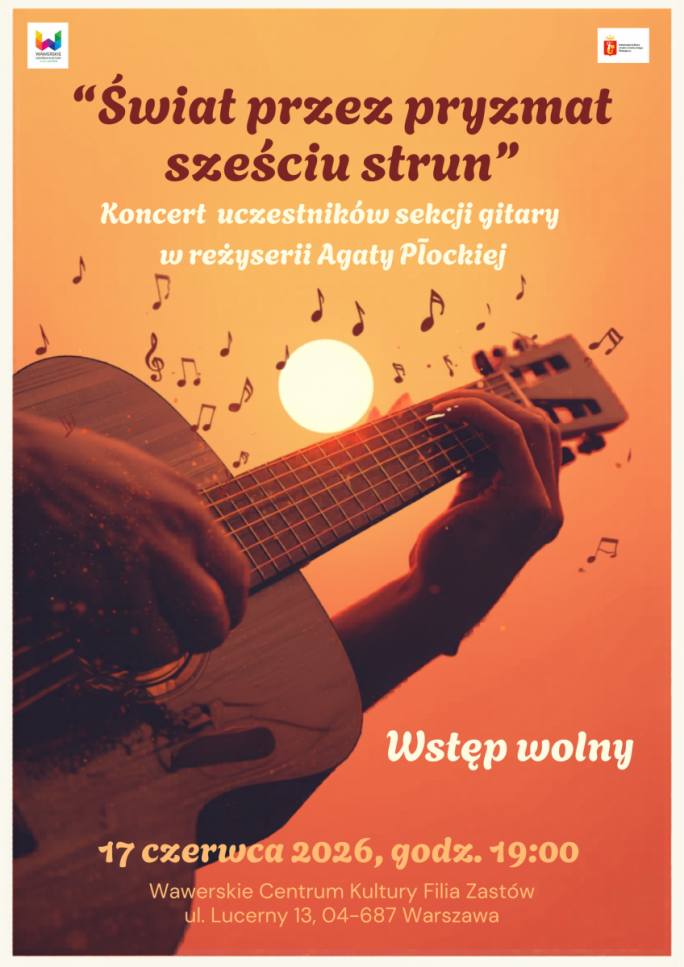 
			Na pomarańczowym tle dłoń trzymająca gitarę, tytuł koncertu 