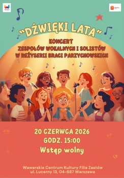 Na kolorowym tle, dzieci śpiewające do mikrofonów, tytuł koncertu 