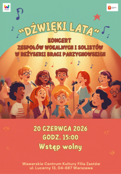Na kolorowym tle, dzieci śpiewające do mikrofonów, tytuł koncertu 