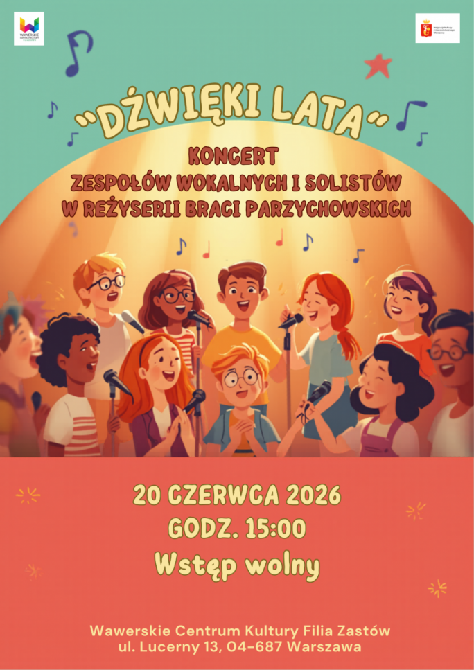 
			Na kolorowym tle, dzieci śpiewające do mikrofonów, tytuł koncertu 