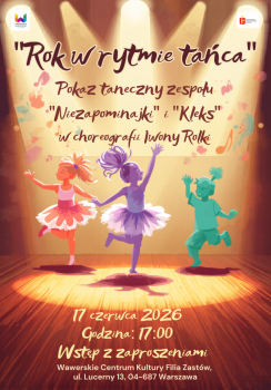Trzy tancerki w strojach baletowych na oświetlonej scenie, tytuł wydarzenia 