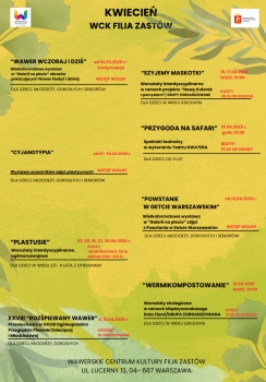 Na zielonym tle informacja o kwietniowym programie Filii