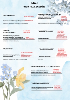 Na jasnoniebieskim  tle z kwiatami informacja o majowym programie Filii