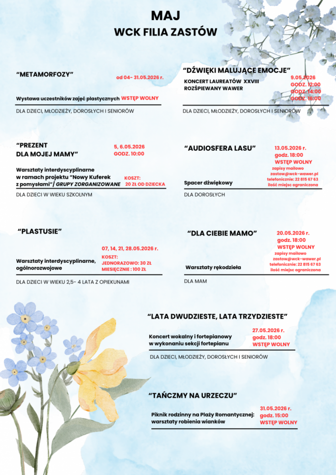 
			Na jasnoniebieskim  tle z kwiatami informacja o majowym programie Filii