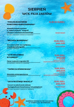 Na  niebieskim tle informacja o sierpniowym  programie Filii