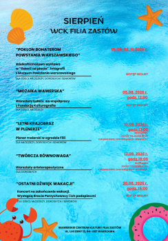 Na  niebieskim tle informacja o sierpniowym  programie Filii