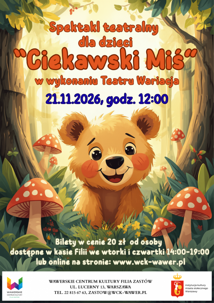 
			Mały miś wśród muchomorów, na tle lasu