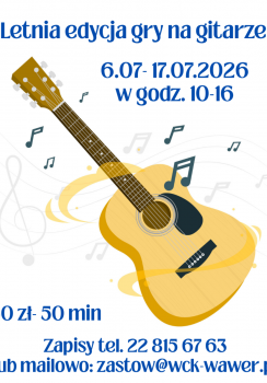 na białym tle gitara gitara i informacja o zajęciach gry na gitarze