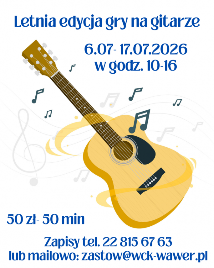 
			na białym tle gitara gitara i informacja o zajęciach gry na gitarze