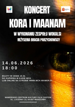 Na ciemnym tle z prawej strony widoczny fragment twarzy z okiem, tytuł koncertu Kora i Maanam oraz data i informacja o zakupie biletów