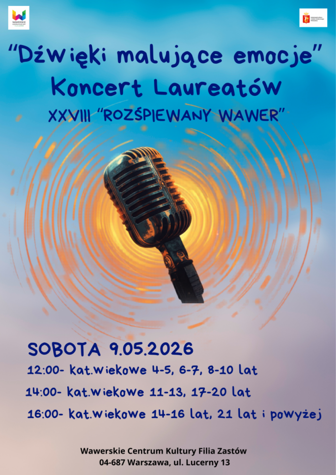 
			Na niebiesko-różowym tle mikrofon, tytuł koncert- Dźwięki malujące emocje