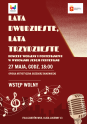 Na brązowym tle, pięciolinia, nuty, klucz wiolinowy, mikrofon, tytuł koncertu 